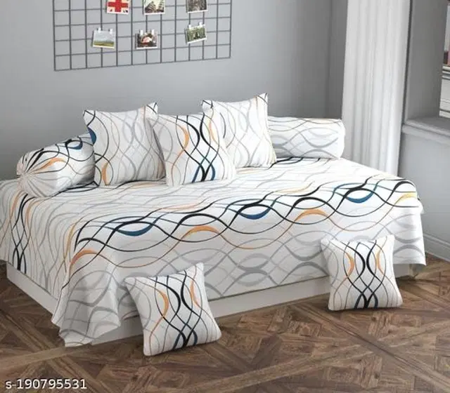 Glace Cotton Printed Diwan Cover Set, White, Pack of 8