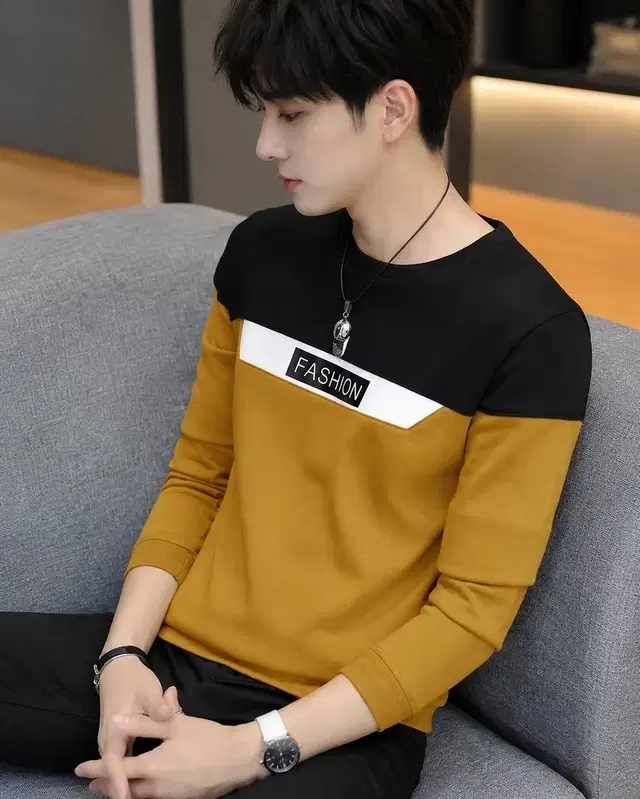 Crew Neck Cotton T-shirts for Men (Yellow & Black, L)
