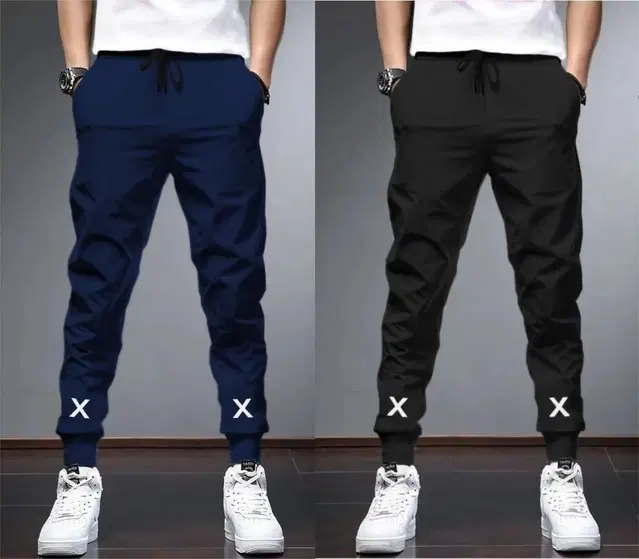 Polyblend Printed Trackpants for Men, Navy Blue & Black, Pack of 2 (S)