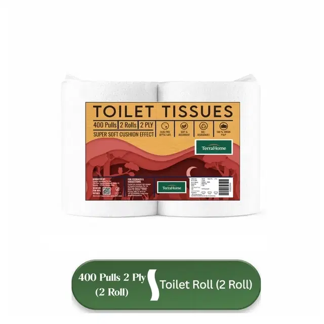 TerraHome Toilet Tissue Paper Rolls, 2 Ply, 400 Pulls [2 x 200 Pulls]