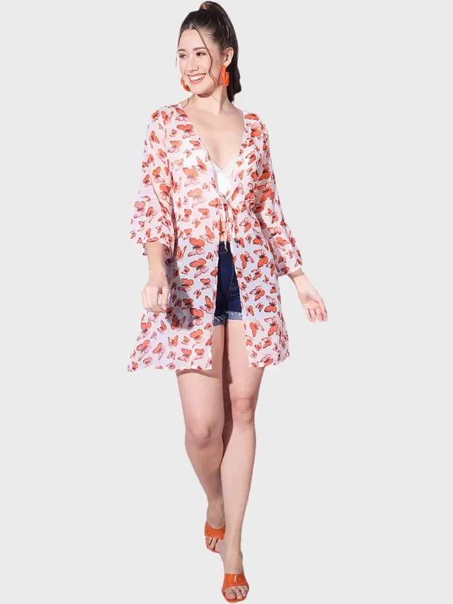 Georgette Printed Shrug for Women (Orange, S)