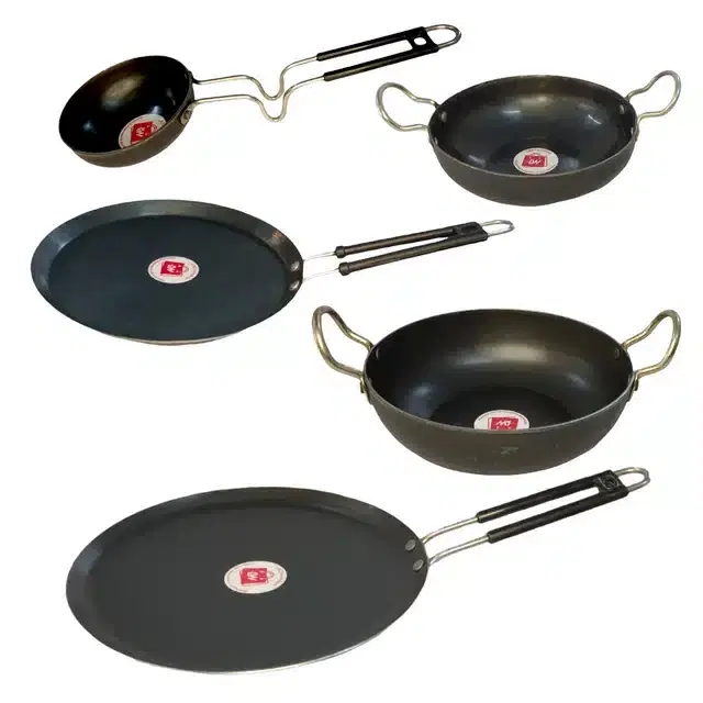 LAZYwindow Iron Deep Bottom Kadai, Grip Handle Tawa, with Tadka Pan Combo, Black, Pack of 5