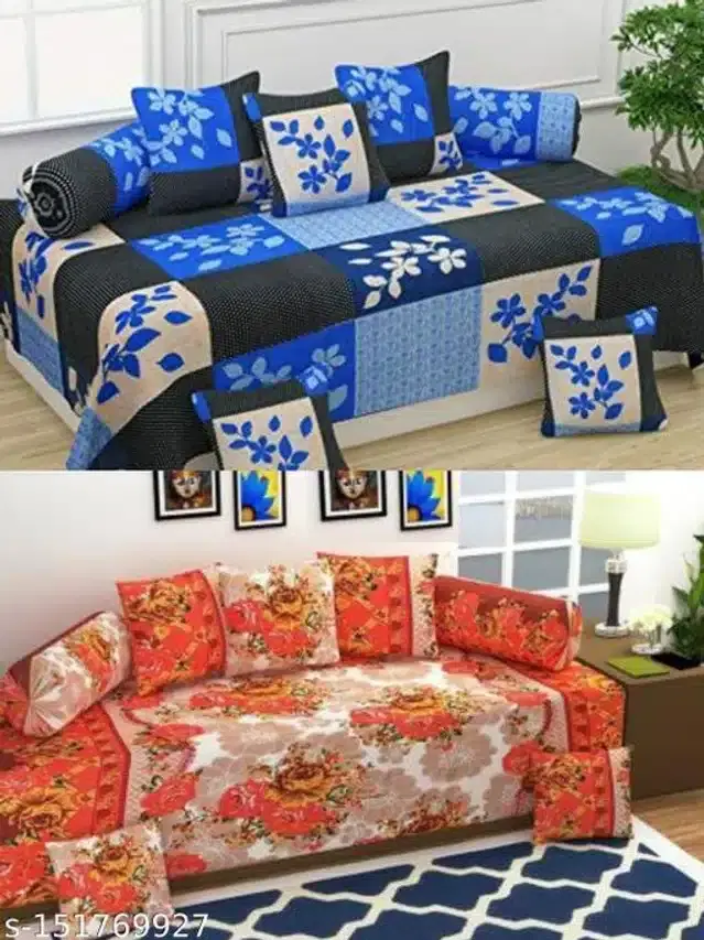 Polycotton Diwan Cover Set, Blue & Orange, Combo of 2