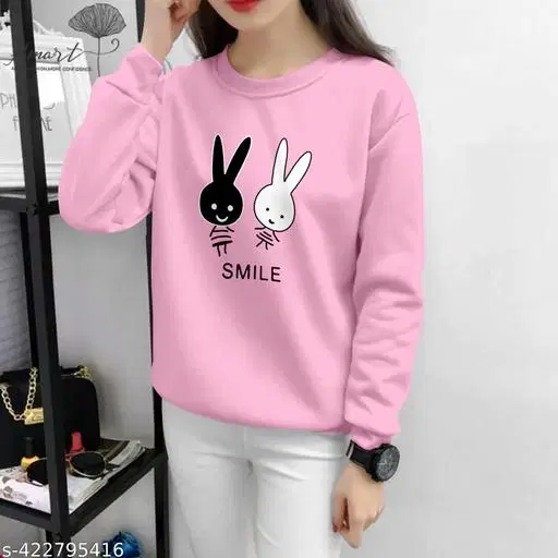 Cotton Blend Printed Sweatshirt for Women (Pink, M)