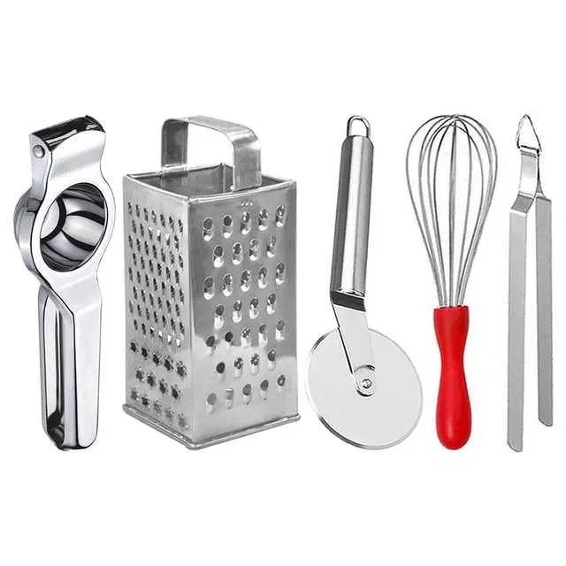Oc9 Stainless Steel Lemon Squeezer & 4 in 1 Grater Or Slicer & Pizza Cutter & Egg Whisk & Roti Chimta Kitchen Tool Set, O-144