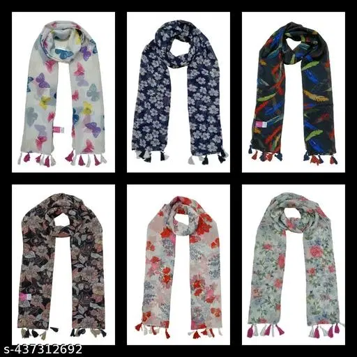 Poly Chiffon Printed Scarves for Women, Pack of 6 (Multicolor, 1.75 m)