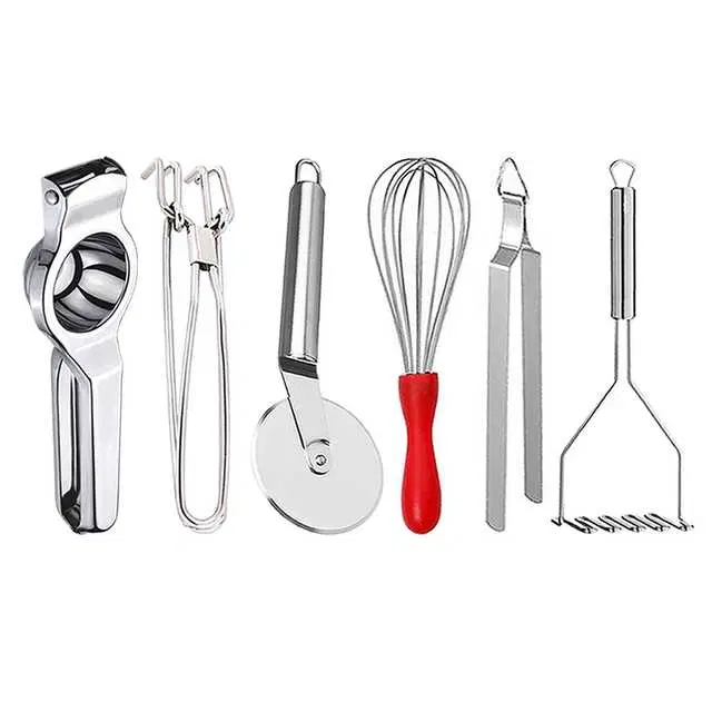 Stainless Steel Lemon Squeezer & Pakkad & Pizza Cutter & Egg Whisk & Roti Chimta & Potato Masher For Kitchen, Set of 6, OC-054