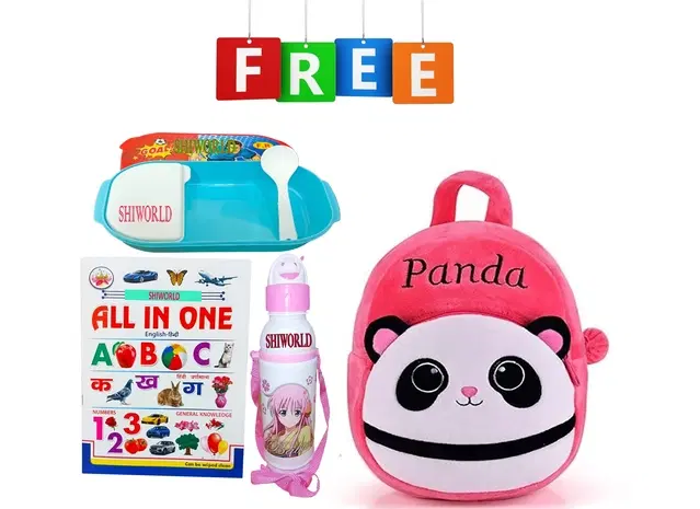 Combo of Fabric School Bag, Water Bottle, Lunch Box with All in One Book for Kids, Multicolor, Set of 4