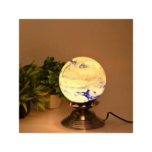 Marble Glass Globe Table Lamp With Brass Base (White & Blue)