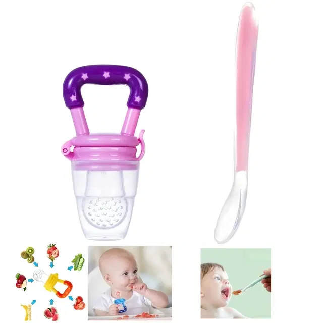Combo of Silicone Feeding Spoon & Fruit Nibbler for Baby, Multicolor, Set of 2