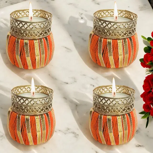 Metal Designer Tealight Candle Holder, Orange, 4x4x5 cm, Pack of 4