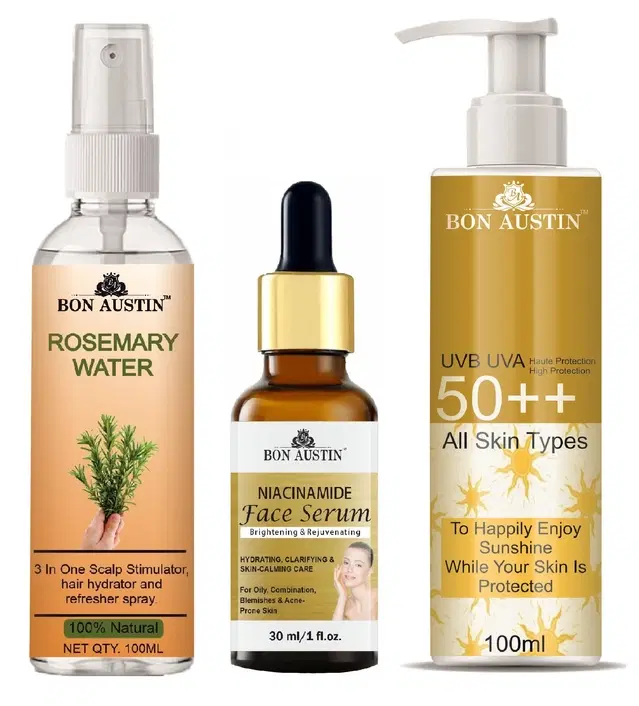 Bon Austin Rosemary Hair Spray, 100 ml with Niacinamide Face Serum, 30 ml, UVA & UVB Protection Sunscreen Lotion, 100 ml, Set of 3