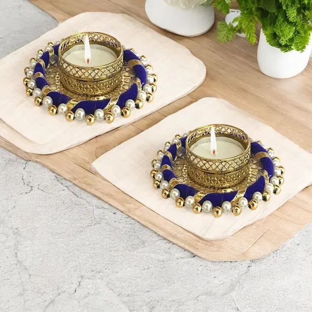 Metal Designer Tealight Candle Holder, Blue, 9x8x1.8 cm, Pack of 2