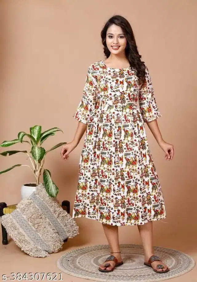 Rayon Printed Fidding Kurti for Women (Cream, XXL)