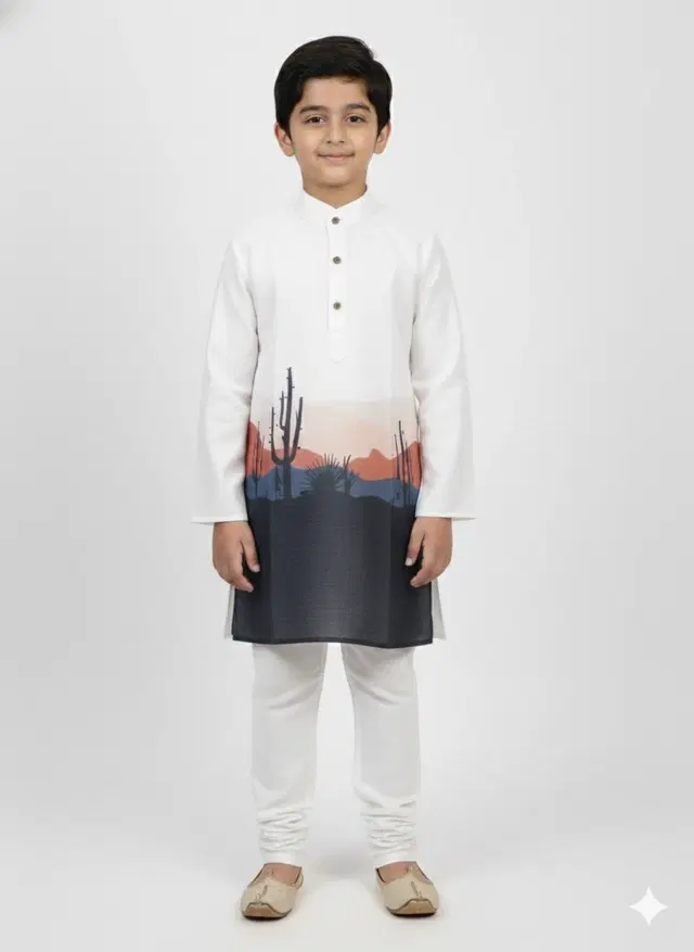 Silk Blend Printed Kurta & Paints Set for Boys , Cream (2-3 Years)