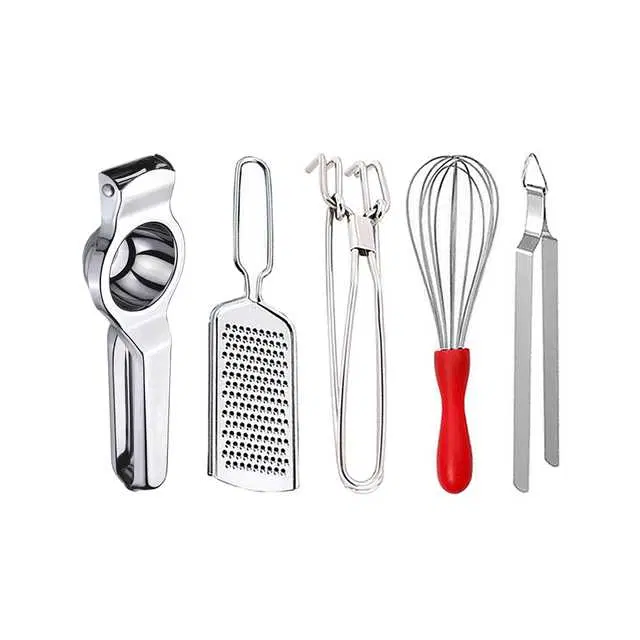 Oc9 Stainless Steel Lemon Squeezer & Cheese Grater & Pakkad & Egg Whisk & Roti Chimta Kitchen Tool Set, O-70