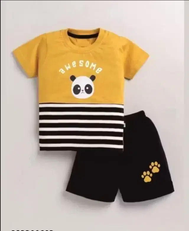 Panda Print Hosiery Cotton Clothing Set for Kids, Yellow & Black (12-18 Months)