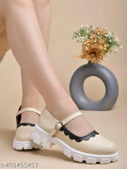Solid Block Ballerinas for Women (Cream, IND-3)