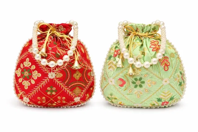 Handcrafted Embroidered Silk Potli Bag, Multicolour, Pack of 2