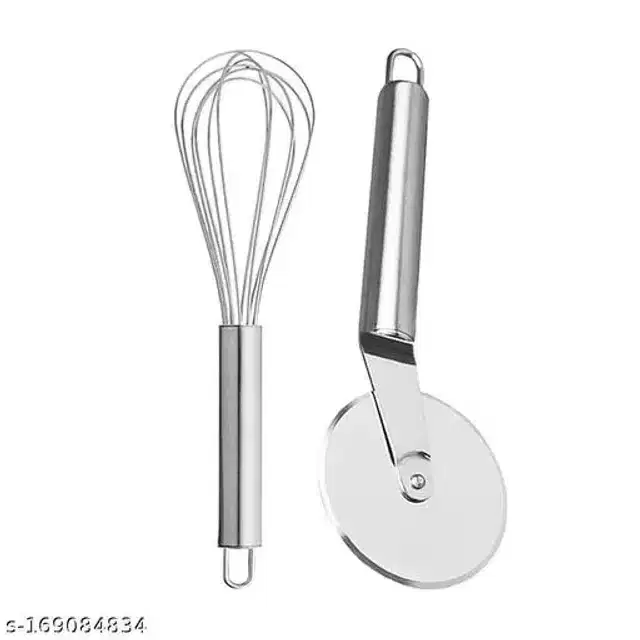 Combo of Stainless Steel Pizza Cutter & Whisker, Pack of 2, Multicolor
