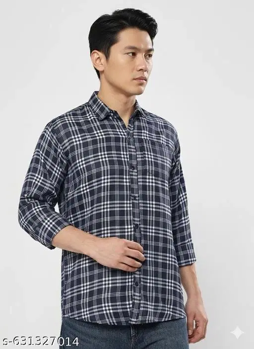 Cotton Blend Checked Shirts for Men, Blue (L)