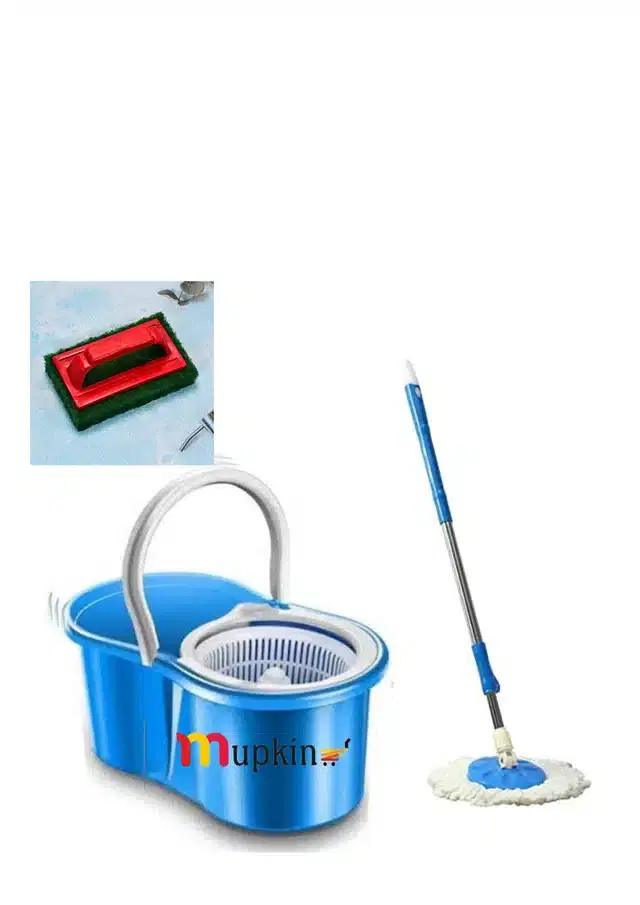 PVC Magic Spin Bucket Mop with Cleaning Brush Set, Blue, Set of 2