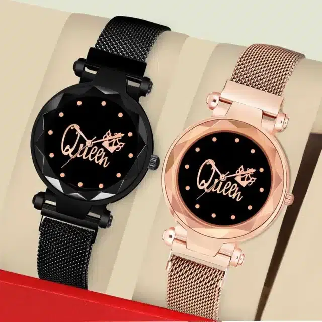Women's Analog Watches, Pack of 2 (Black & Rose Gold)