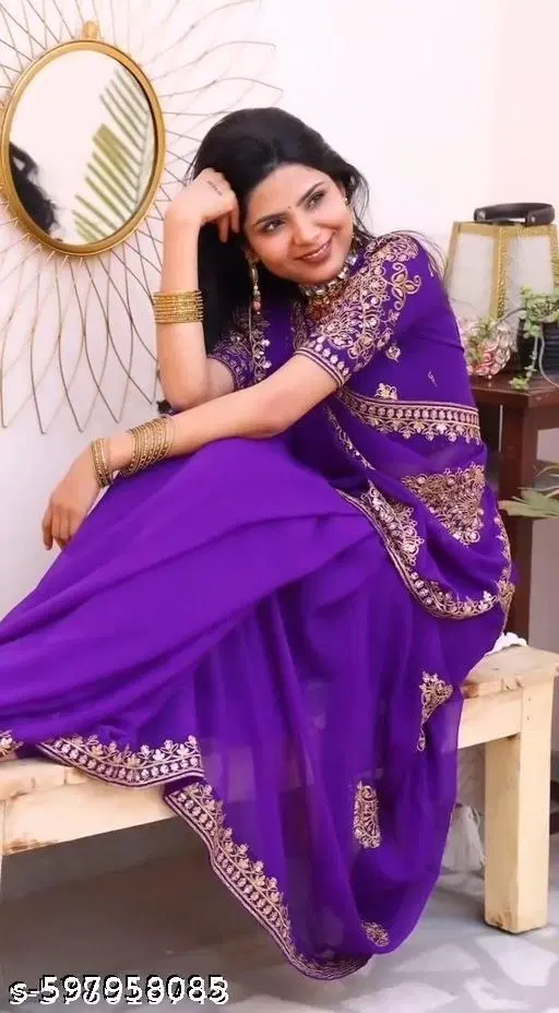 Chiffon Embellished Saree For Women, Purple