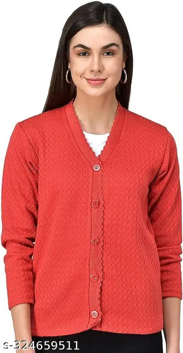 Woolen Solid Full Sleeves Sweater for Women (Coral, Free Size)