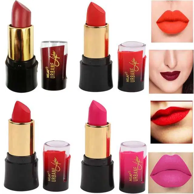 Combo of 1 Milap Urbane Lips Red Lipstick & 1 Milap Urbane Lips Pink Lipstick & 1 Milap Urbane Lips Orange Lipstick & 1 Milap Urbane Lips Maroon Lipstick, R441
