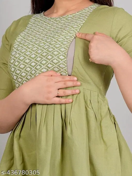 Cotton Embroidered Knee Length Maternity Kurti for Women (Green, M)