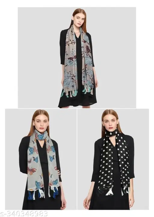 Poly Chiffon Printed Scarves for Women, Multicolor, Pack of 3