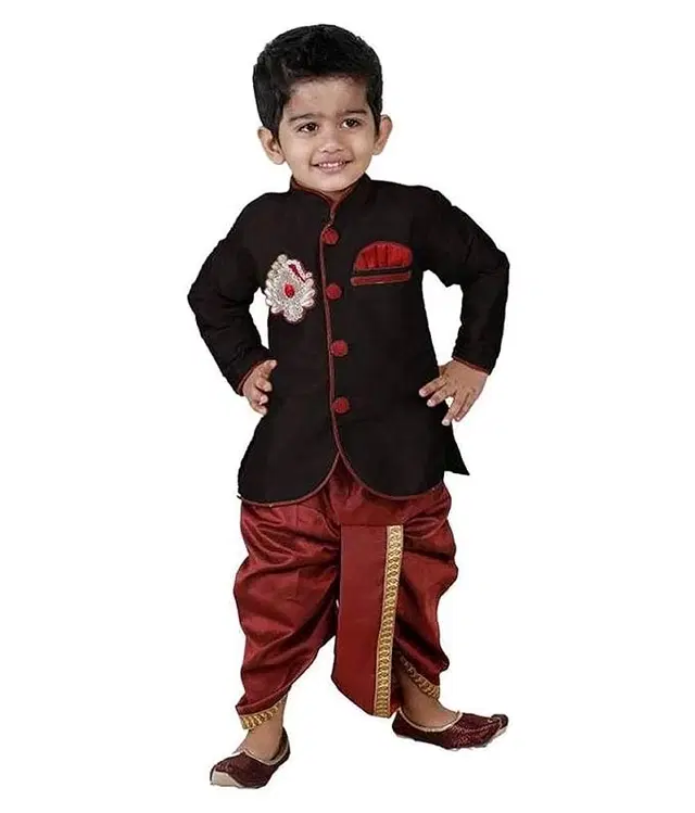 Sherwani Set for Boys (Black & Maroon, 3-4 Years)