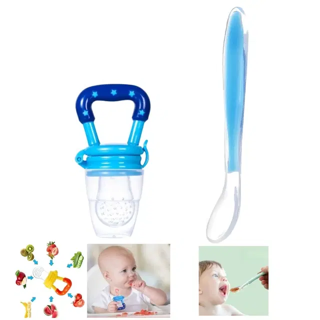 Combo of Silicone Feeding Spoon & Fruit Nibbler for Baby, Multicolor, Set of 2
