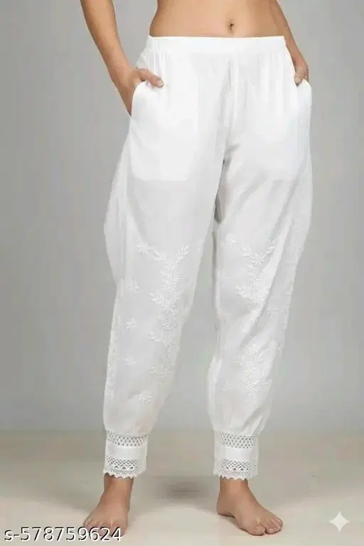 Cotton Solid Pant for Women, White (M)