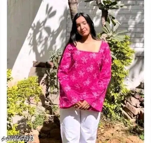 Rayon Printed Short Kurti for Women, Pink (XL)