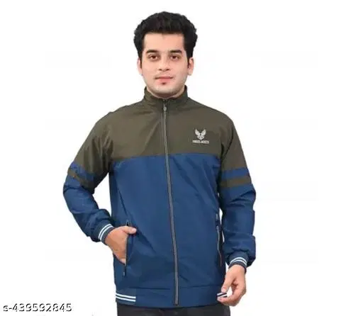 Polyester Solid Jacket for Men (Royal Blue & Olive, M)