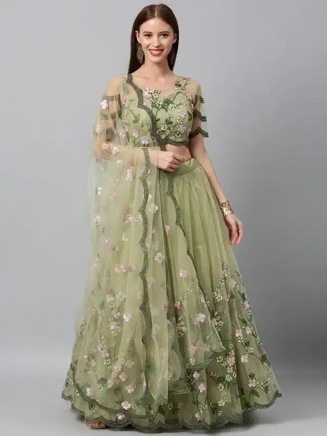 Net Embroidred Semi Stiched Lehenga Choli for Women (Green)
