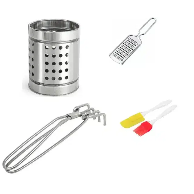 Stainless Steel Cheese Grater, Pakad, Oil Brush Set & Holder, Combo of 4