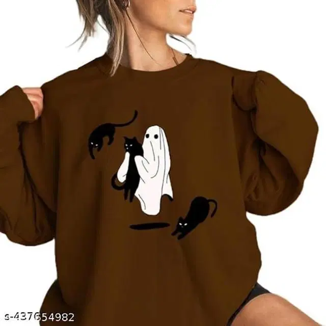 Cotton Blend Printed Sweatshirt for Women (Brown, L)