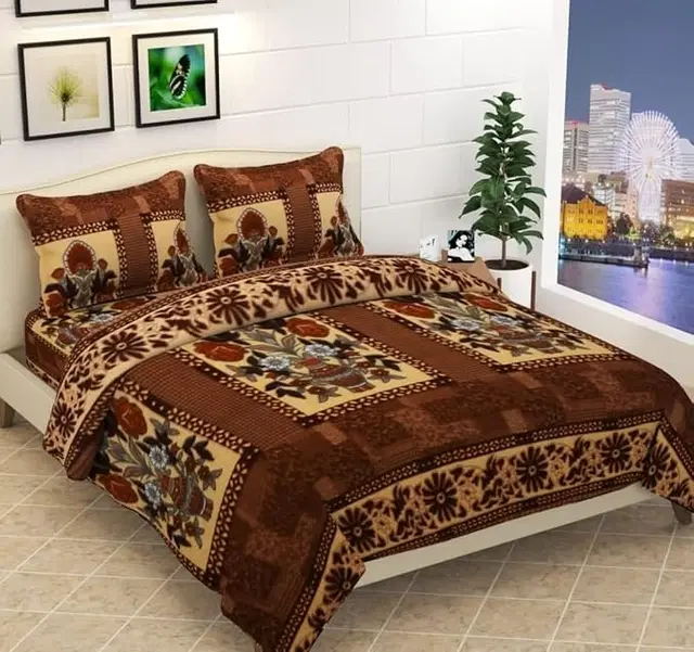 Fleece Floral Flat Bedsheets with Two Pillow Covers, Brown, 108x108 Inches