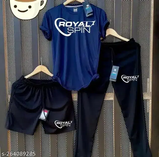 Half Sleeves T-Shirt with Trackpant & Shorts, Set of 1 (Blue & Black, S)