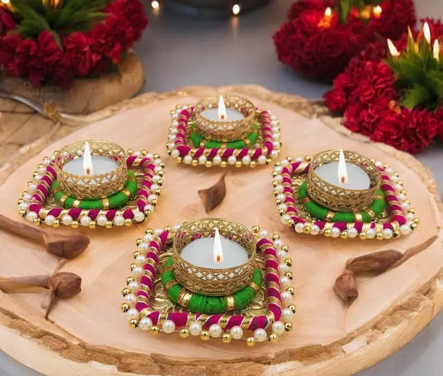 Metal Designer Tealight Candle Holder, Multicolor, 8x8x2.5 cm, Pack of 4