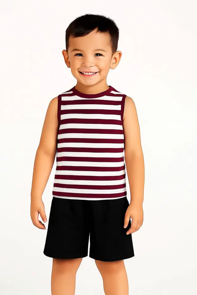 Cotton Stripes Clothing Set for Boys, Maroon (6-12 Months)
