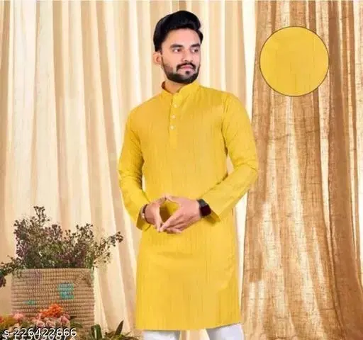 Mandarin Neck Kurta for Men (Yellow, XL)