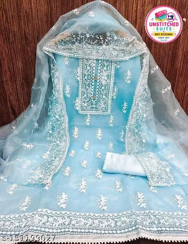 Organza Embroidered Unstitched Suit with Dupatta for Women, Blue