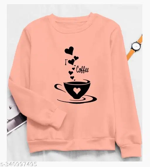 Cotton Printed Sweatshirt for Women (Peach, M)