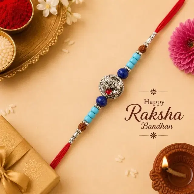 Designer Silver Finish Rakhi, Blue