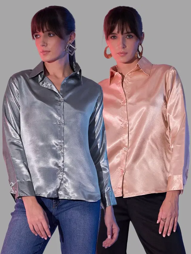 Full Sleeves Solid Shirt for Women, Pack of 2 (Grey & Beige, S)