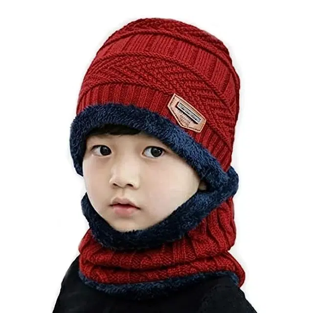 Woolen Cap with Neck Warmer for Kids (Red)